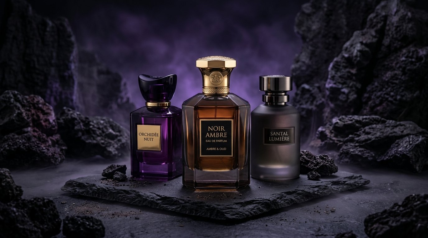Artisanal perfume bottles on slate pedestals showcasing European fragrance imports